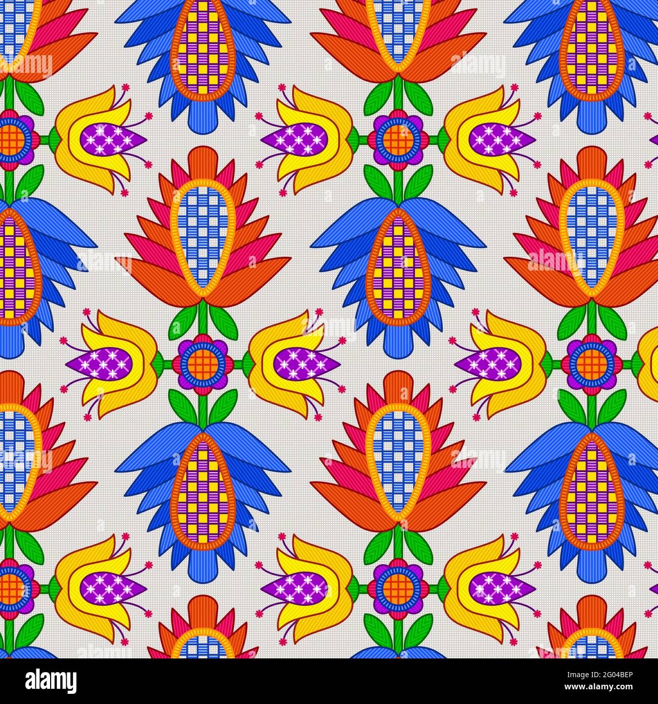 Floral ornament in folk style. Stylized flowers in rhombuses. Seamless patterns. Stock Vector