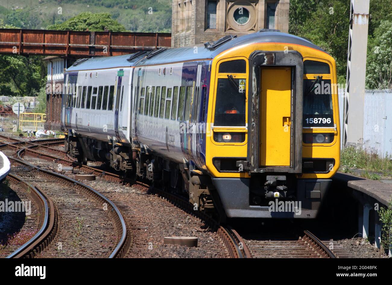 Class 158 two car express sprinter dmu, unit number 158 796, in Northern livery arriving at Carnforth station platform 1 on Monday 31st May 2021. Stock Photo