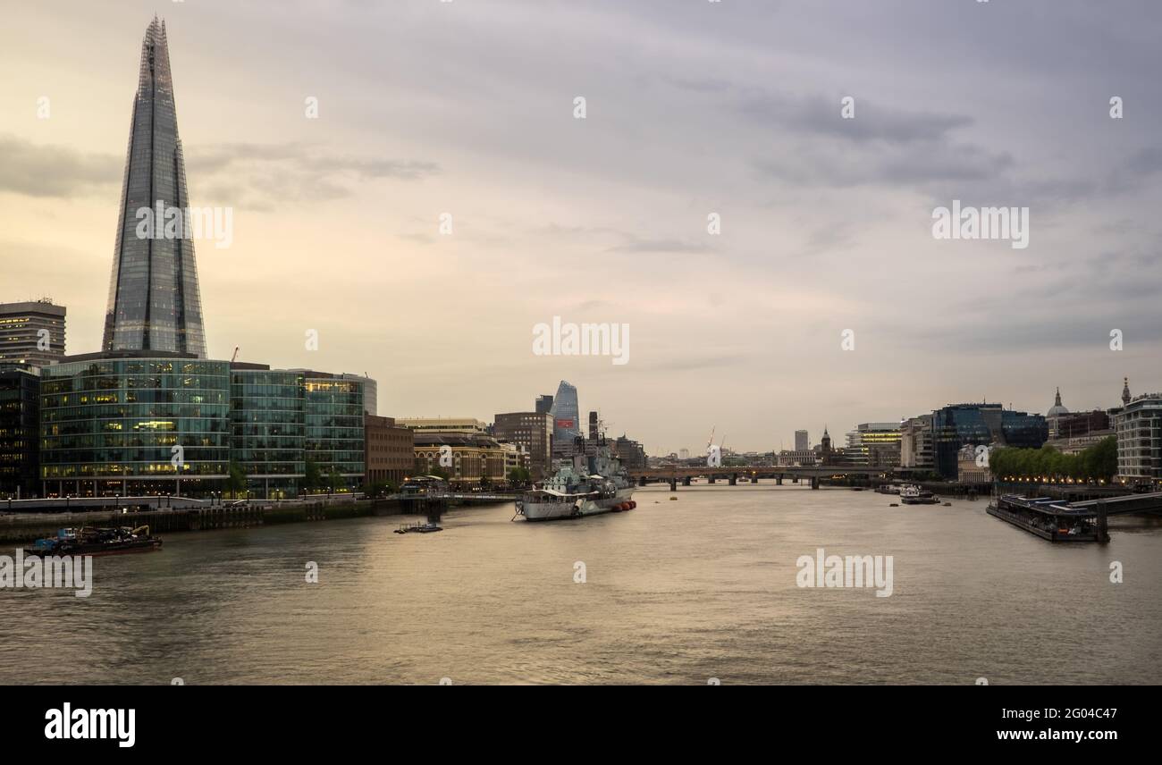 London, UK; May 11th 2018: Sunset at Thames river with the Shard skyscraper. Stock Photo
