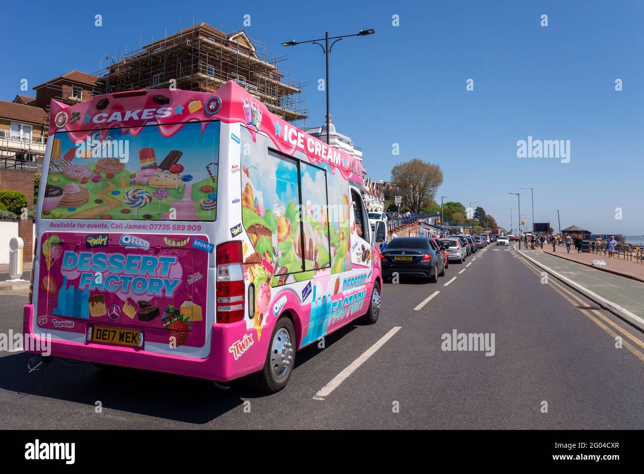 Ice cream van stuck in traffic queue on late May Bank Holiday Monday in