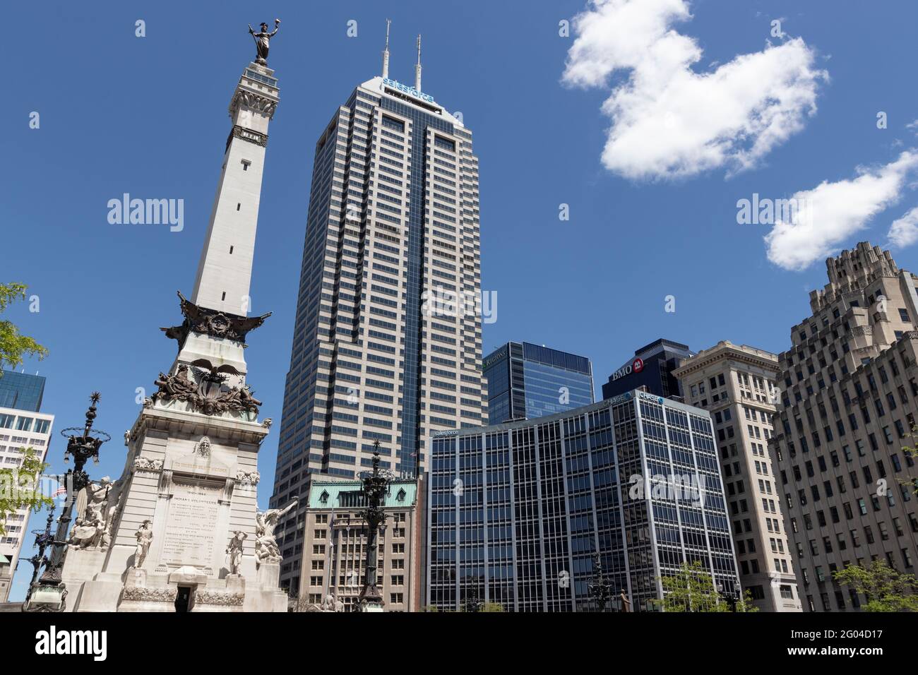Indianapolis - Circa May 2021: Soldiers and Sailors Monument on the circle with the Salesforce Tower and Downtown in the background. Stock Photo