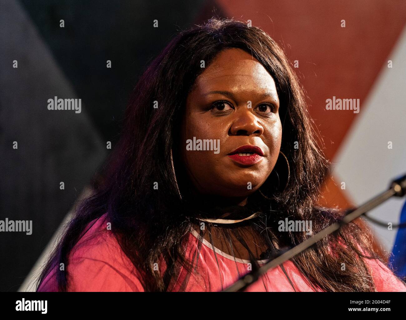 New York, United States. 31st May, 2021. Comedian Yamaneika Saunders speaks at Carolines on Broadway comedy club re-opening after pandemic ceremony. Senator Charles Schumer lauded Safe our Stages (SOS) bill passed by Senate to help cultural venues to survive pandemic. He also cracked few jokes saying it is comedy club he does not have a choice but say them. (Photo by Lev Radin/Pacific Press) Credit: Pacific Press Media Production Corp./Alamy Live News Stock Photo