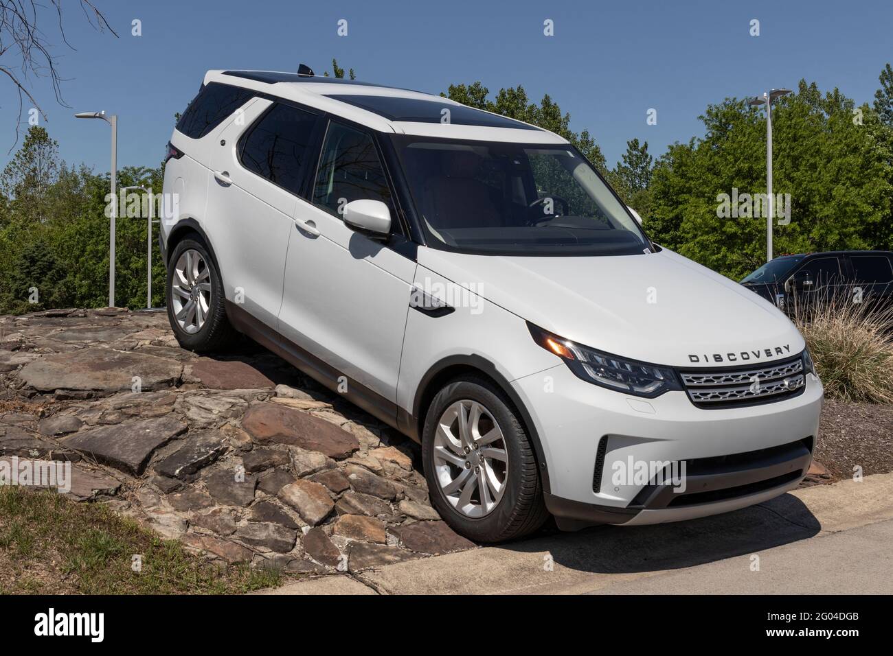 Indianapolis - Circa May 2021: Land Rover Discovery off road display. Jaguar Land Rover is a subsidiary of Tata Motors. Stock Photo