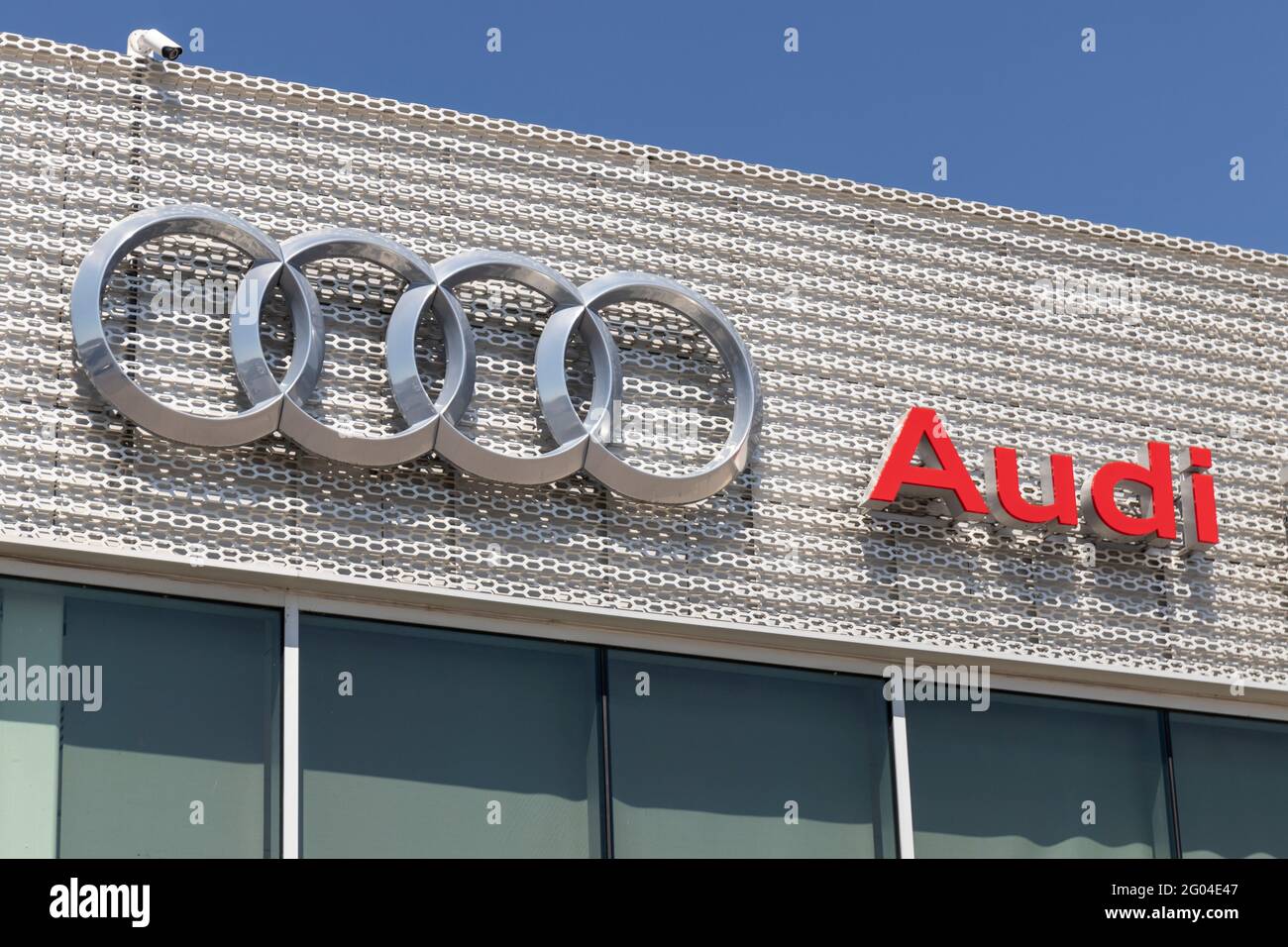 Indianapolis - Circa May 2021: Audi Automobile and SUV luxury car dealership. Audi is a luxury member of the Volkswagen Group. Stock Photo