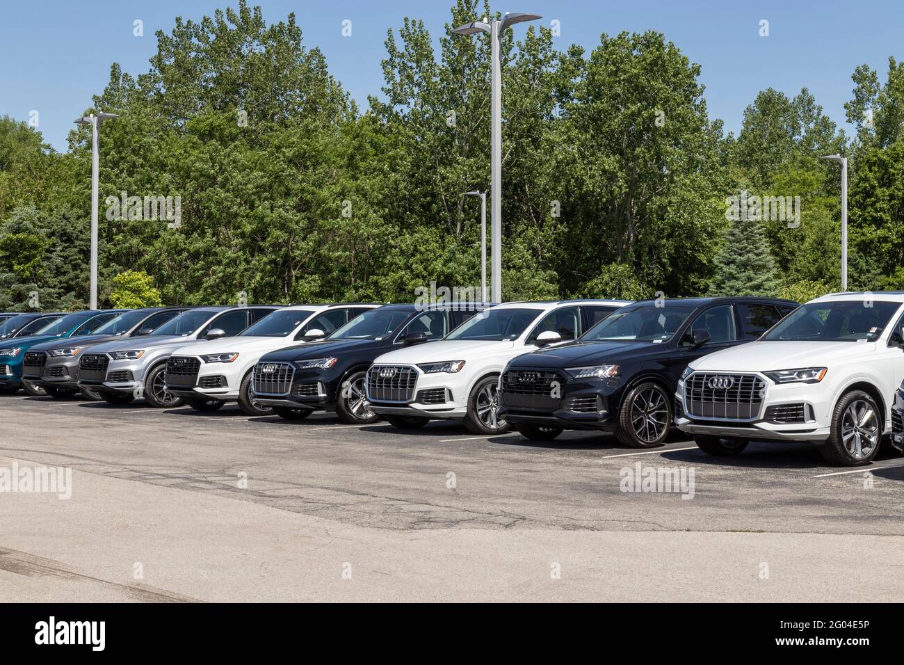Indianapolis - Circa May 2021: Audi Automobile and SUV luxury car dealership. Audi is a luxury member of the Volkswagen Group. Stock Photo
