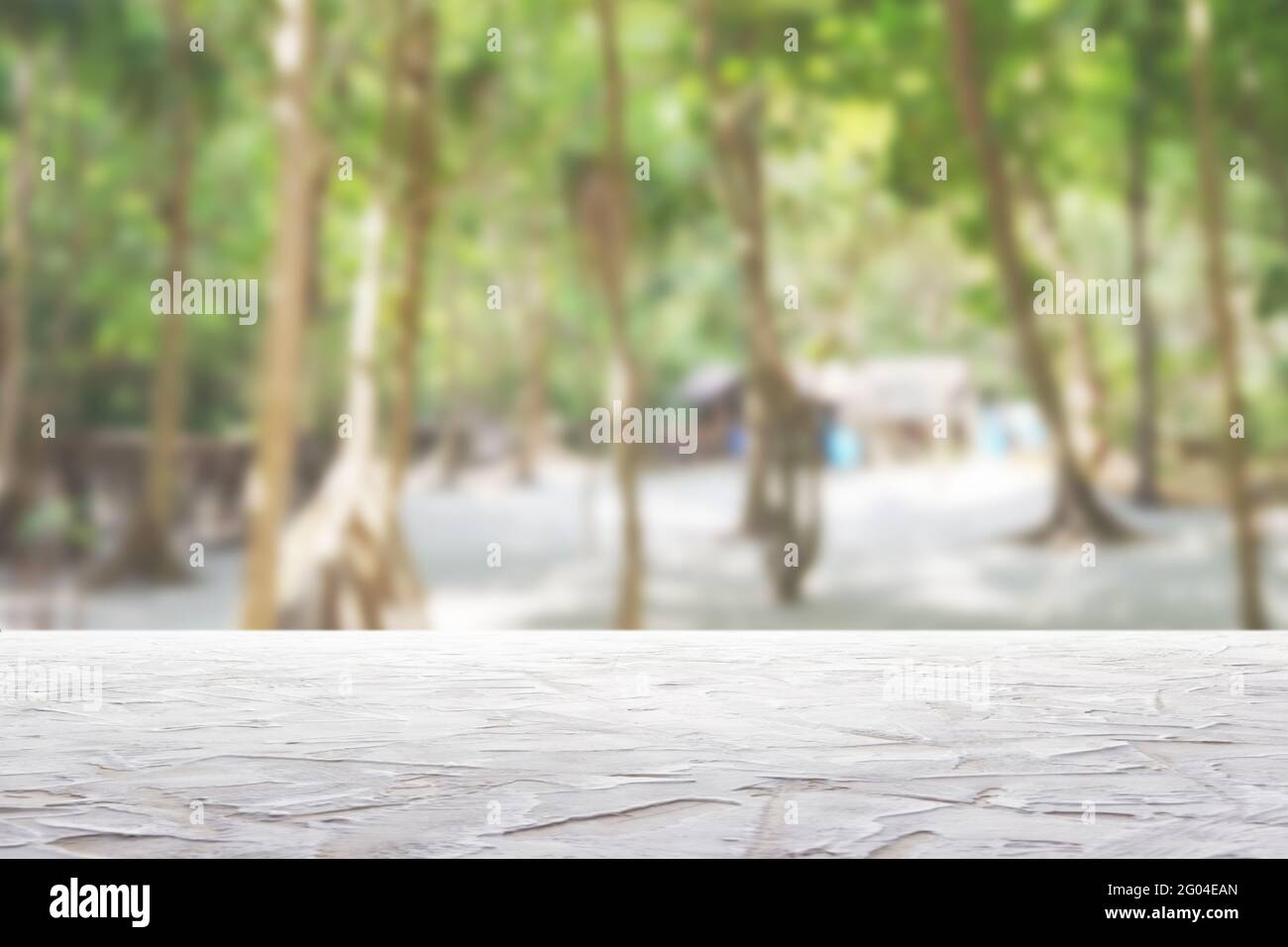 textured white surface on blur beach and palm trees background Stock Photo