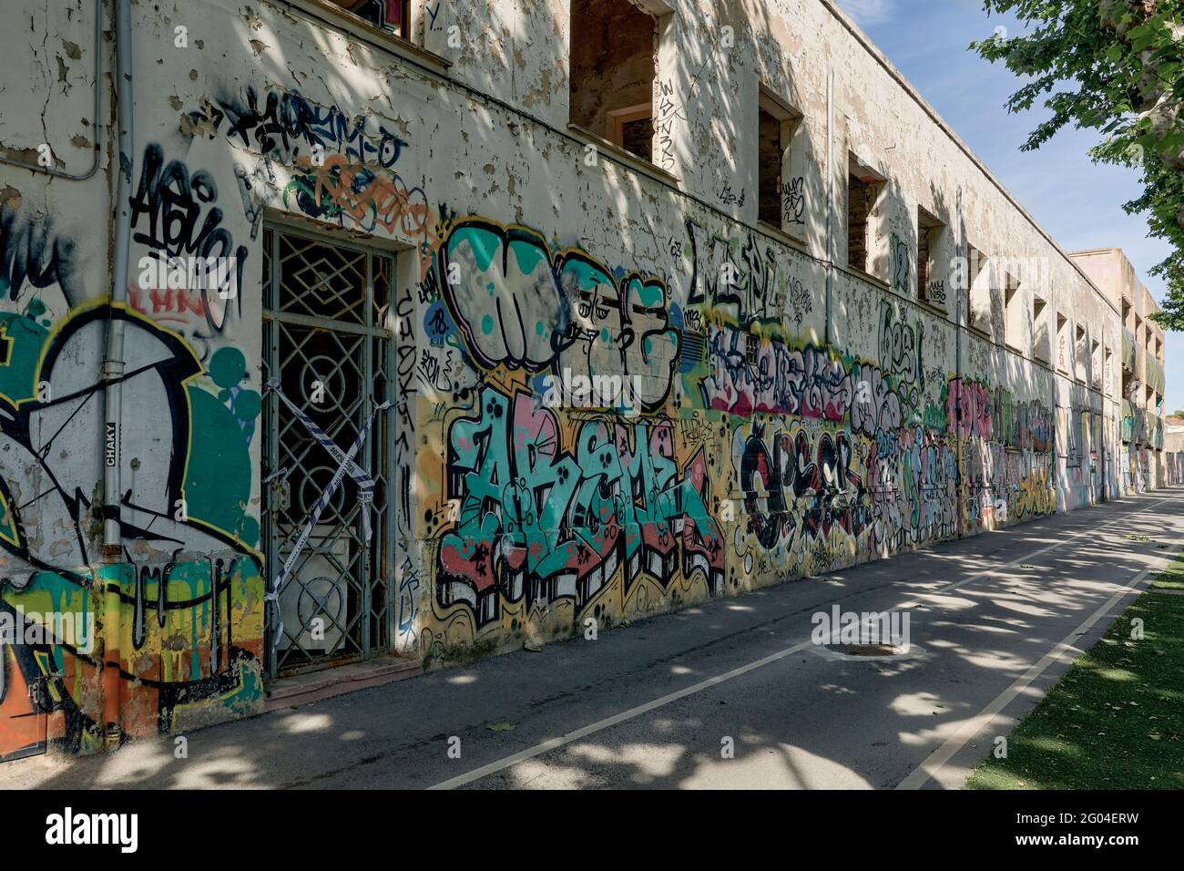 paintings, graffiti drawings on the wall of an abandoned building in the town of Benicarlo in the province of Castellon, Spain, Europe Stock Photo