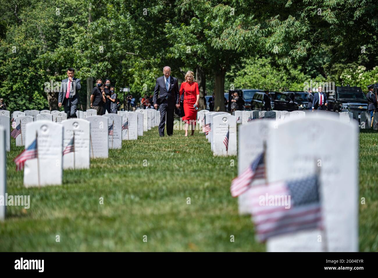 Arlington, United States Of America. 31st May, 2021. U.S President Joe Biden and First Lady Dr. Jill Biden walk through Section 12 following National Memorial Day Observance at Arlington National Cemetery May 31, 2021 Arlington, Virginia. Credit: Planetpix/Alamy Live News Stock Photo