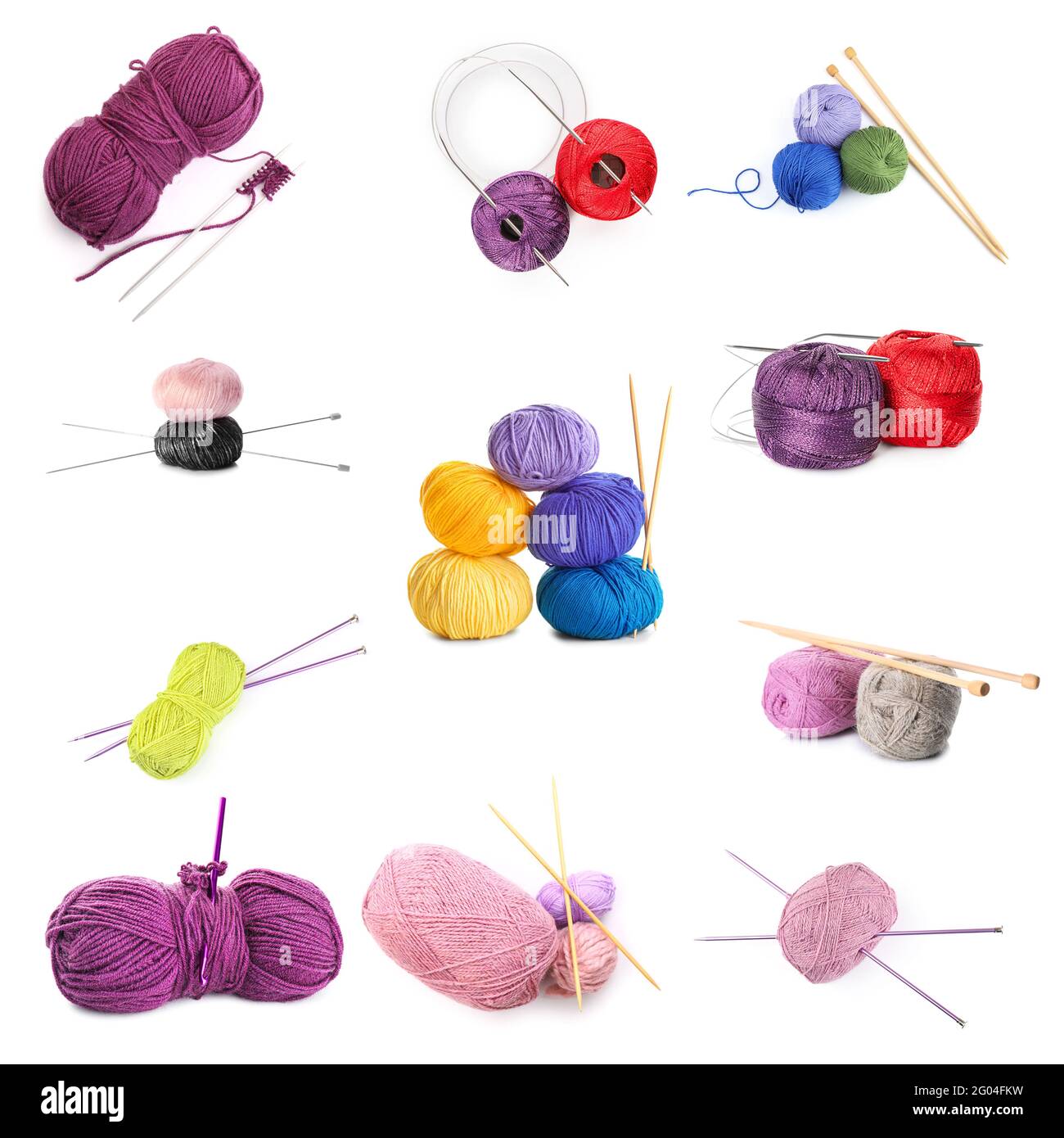 Set of knitting yarns and needles on white background Stock Photo