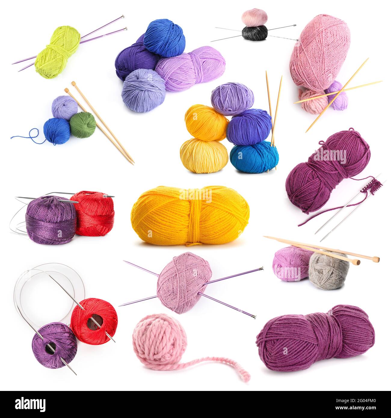 Set of knitting yarns and needles on white background Stock Photo