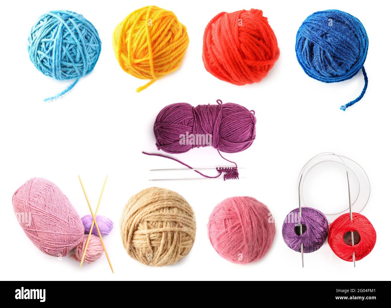 Set of knitting yarns and needles on white background Stock Photo - Alamy