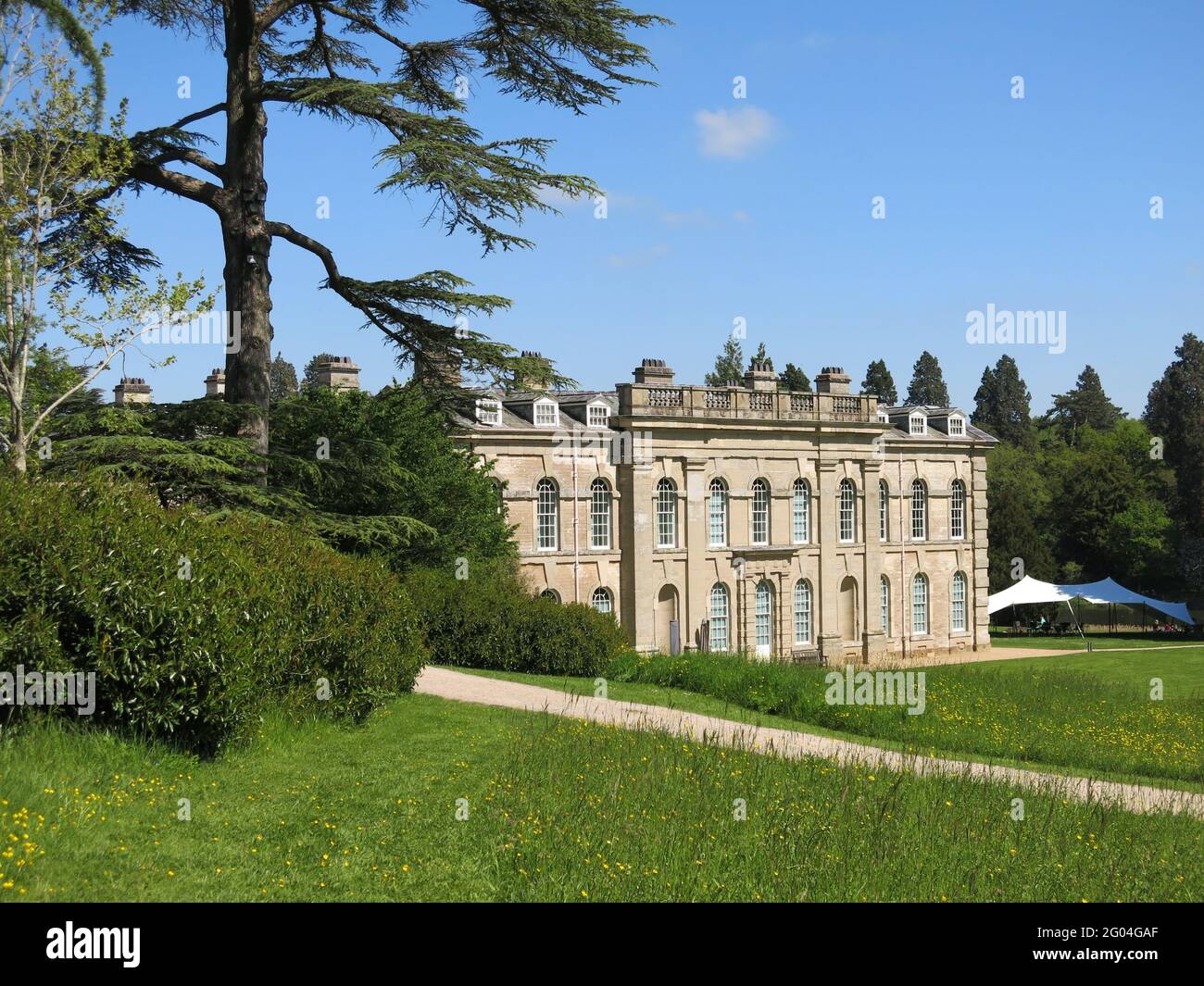 View of the parkland and Capability Brown landscape that surrounds the house at Compton Verney, now an art gallery & park in Warwickshire. Stock Photo