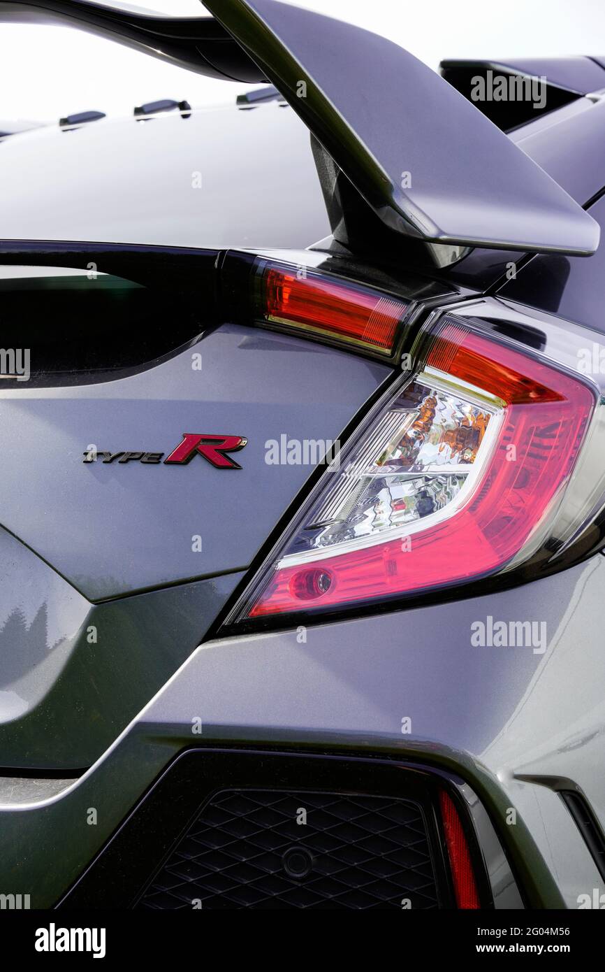 MANCHESTER, UNITED KINGDOM - May 23, 2021: close up of Honda type R rear light and spoiler silver grey car Stock Photo