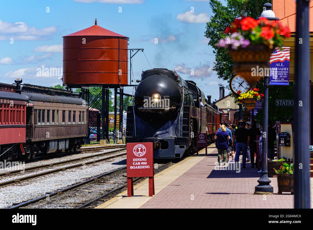 Strasburg, PA, USA - May 31, 2021: The Norfolk and Western Class J 611, the sole survivor of 14 Class J steam locomotives, pulls into the historic Str Stock Photo