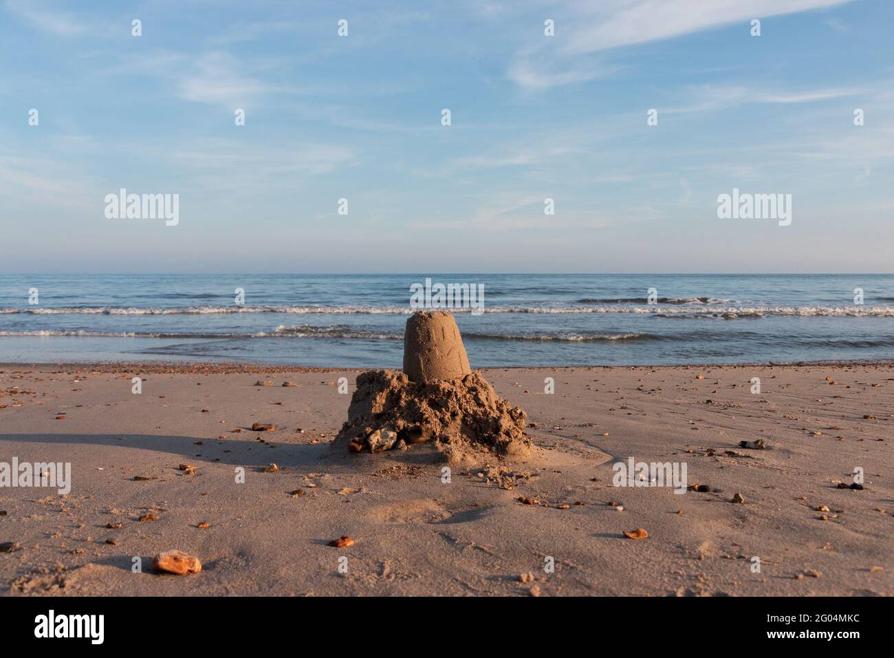 Sandcastles on Highcliffe Beach on the hotttest bank holiday weekend of the year near Bournemouth, England. Stock Photo