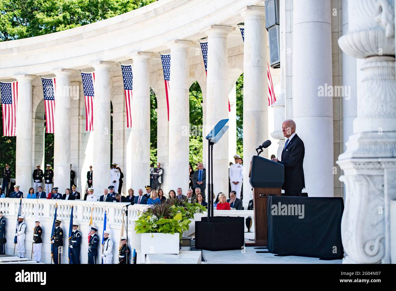 Arlington, United States Of America. 31st May, 2021. U.S President Joe Biden, delivers his address during the annual Memorial Day commemoration in the Memorial Amphitheater at Arlington National Cemetery May 31, 2021 Arlington, Virginia. Credit: Planetpix/Alamy Live News Stock Photo