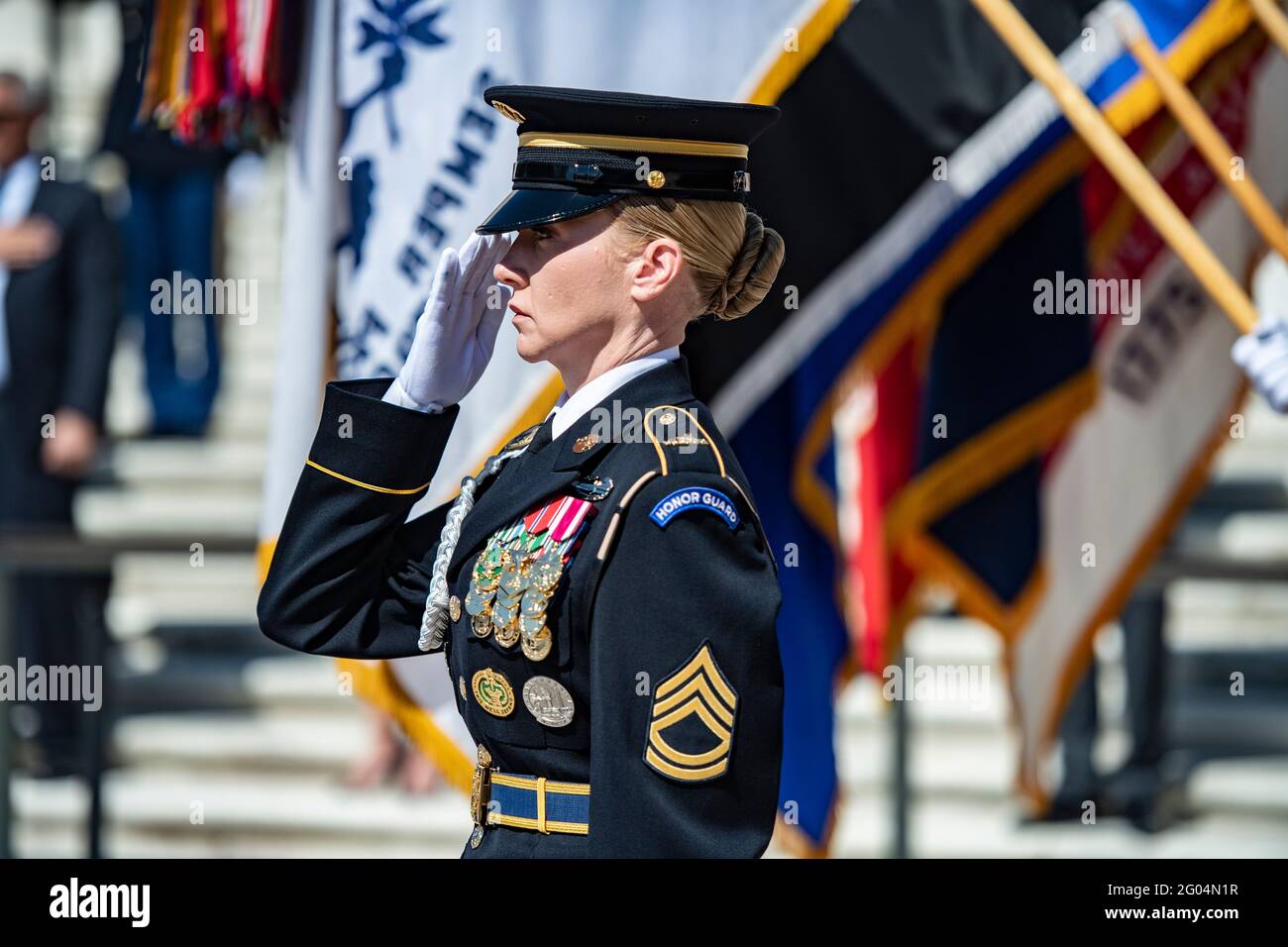 Arlington, United States Of America. 31st May, 2021. U.S. Army Sgt. 1st Class Chelsea Porterfield, Sergeant of the Guard at the Tomb of the Unknown Soldier, salutes during the Presidential Armed Forces Full Honors Wreath-Laying Ceremony at Arlington National Cemetery May 31, 2021 Arlington, Virginia. Credit: Planetpix/Alamy Live News Stock Photo