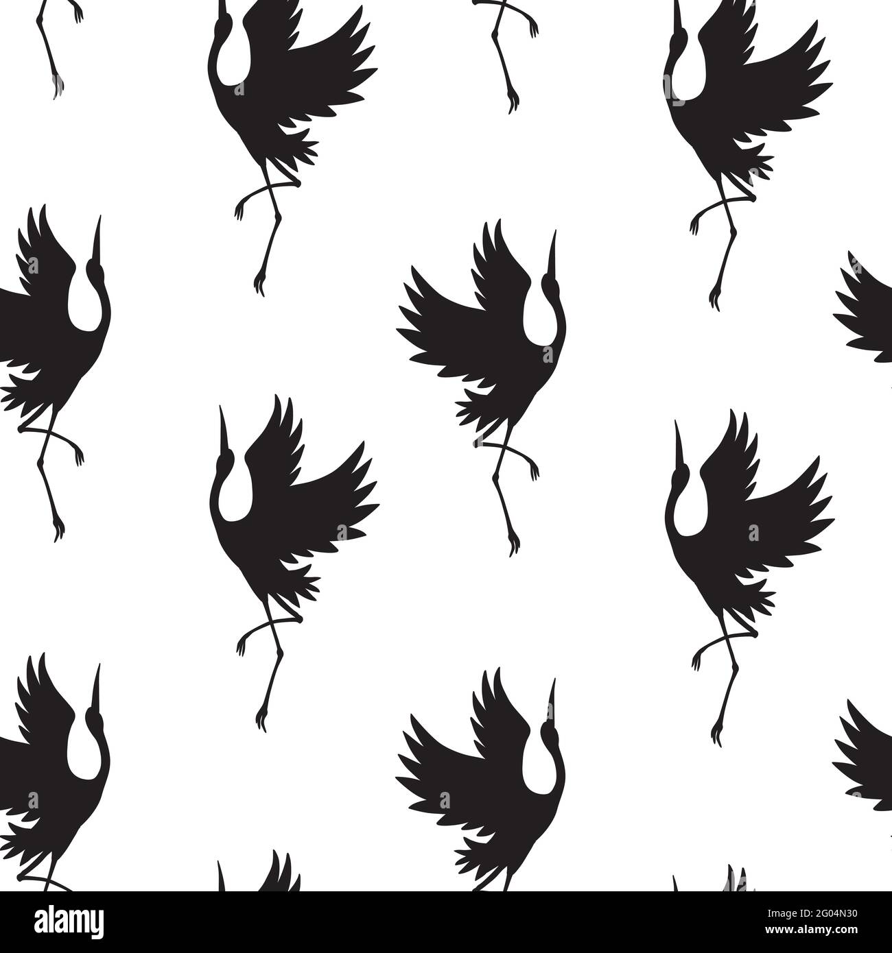Vector seamless pattern of black hand drawn flying crane bird silhouette isolated on white background Stock Vector