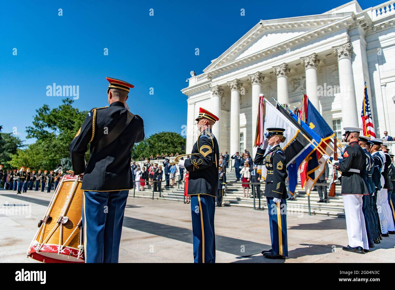Arlington, United States Of America. 31st May, 2021. U.S Armed Forces honor guards salute during the Presidential Armed Forces Full Honors Wreath-Laying Ceremony at Arlington National Cemetery May 31, 2021 Arlington, Virginia. Credit: Planetpix/Alamy Live News Stock Photo