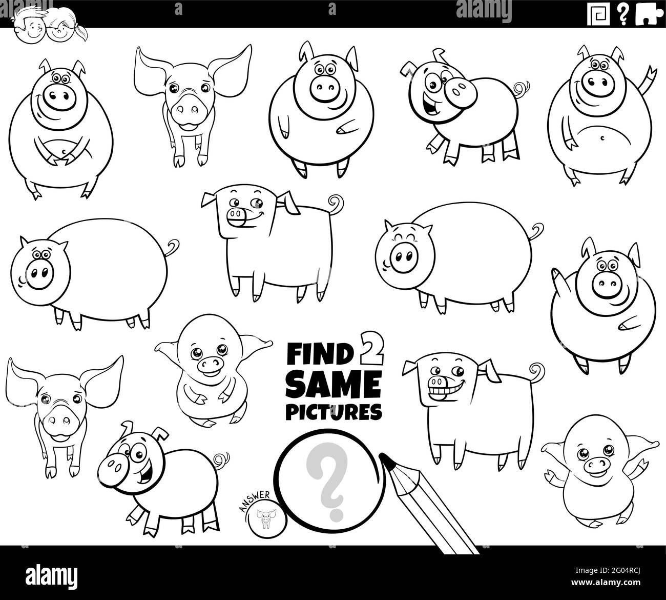 Black and white cartoon illustration of finding two same pictures ...