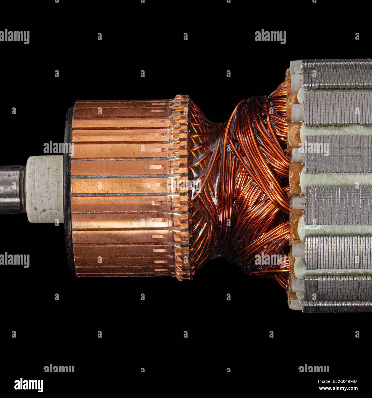 Rotor or of anchor electric motor closeup, isolated on black background