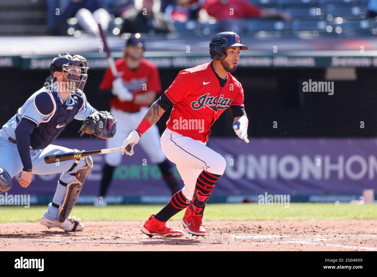 CLEVELAND, OH - May 30: Eddie Rosario (9) of the Cleveland Indians bats during game two of a doubleheader against the Toronto Blue Jays at Progressive Stock Photo