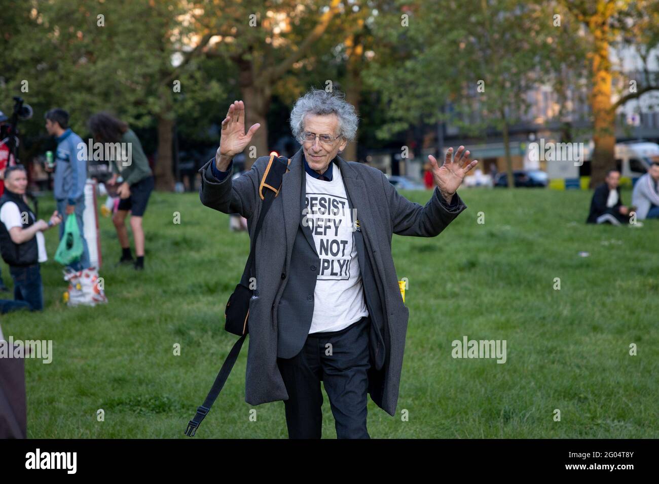 London, UK. 31st May 2021. Piers Corbyn arrives to support the crowd of protesters. Yuen Ching Ng/Alamy Live News Stock Photo