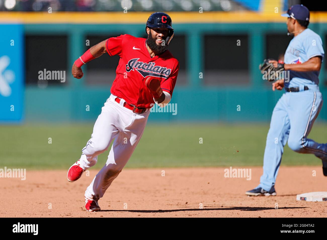 CLEVELAND, OH - May 30: Amed Rosario (1) of the Cleveland Indians runs the bases during game two of a doubleheader against the Toronto Blue Jays at Pr Stock Photo