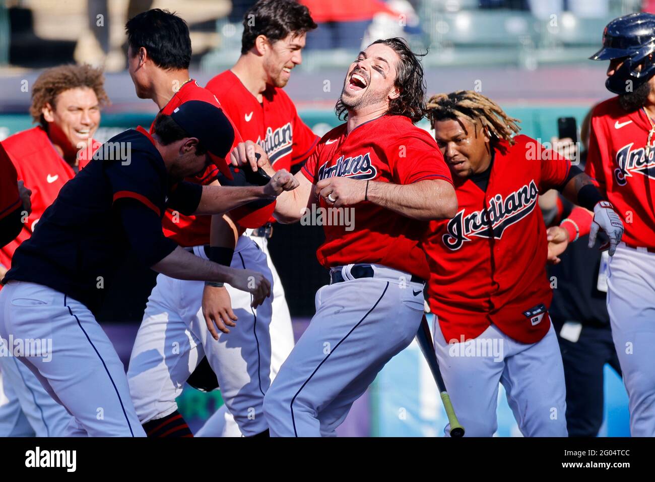 CLEVELAND, OH - May 30: Cleveland Indians players celebrate after a walk-off win during game two of a doubleheader against the Toronto Blue Jays at Progressive Field on May 30, 2021 in Cleveland, Ohio. The Indians defeated the Blue Jays 6-5. (Joe Robbins/Image of Sport) Stock Photo