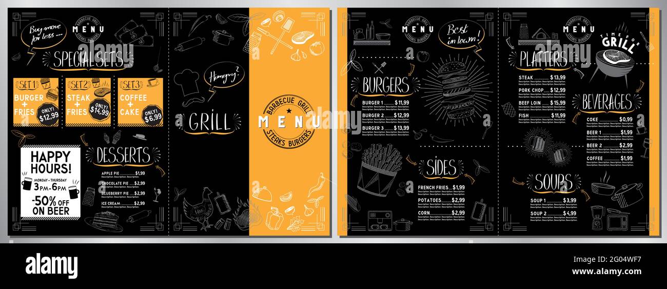 Barbecue grill bar menu template A3 to A4 card (burgers, sides, grill