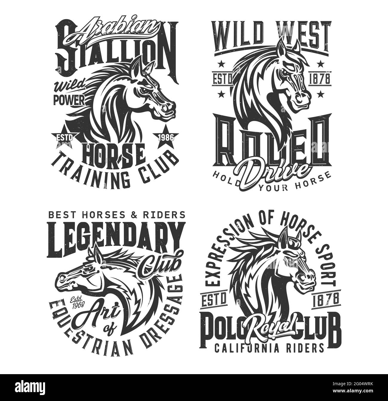Stallion horse and wild mustang vector t-shirt print mockups. Equestrian sport, horse race, rodeo and polo club custom apparel template with head of p Stock Vector