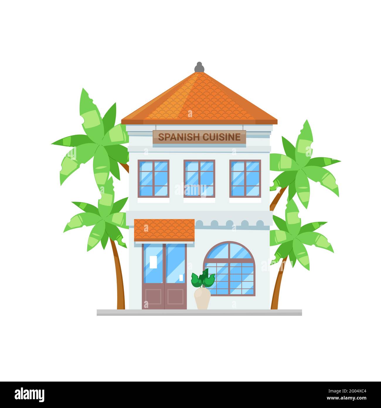 Spanish cuisine restaurant building, bar or cafe bistro, vector architecture flat house. Mediterranean island and European cuisine architecture of res Stock Vector