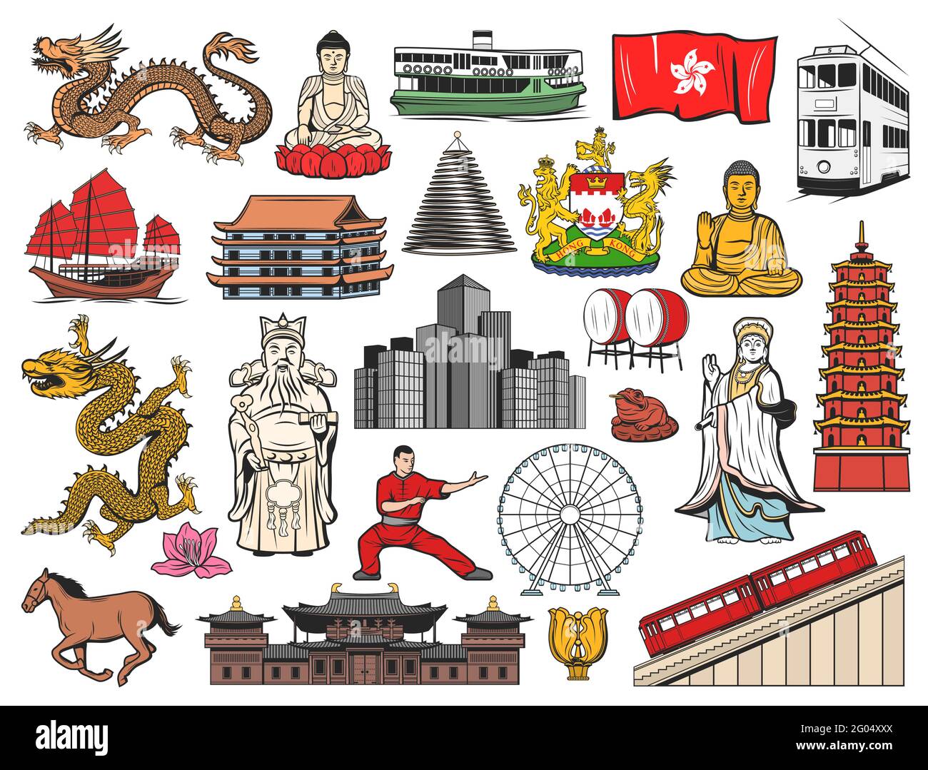 Hong Kong and China travel icons with isolated vector flag, bauhinia flower, Buddha, temple and pagoda buildings. Dragon, peak tram and skyscrapers, c Stock Vector