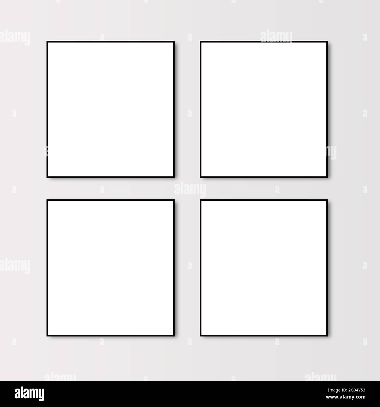 Four foto Frames square hanging in clean grey white gradient wall, 4 picture frame mockups with black borders. empty white album blanks for photos Stock Photo