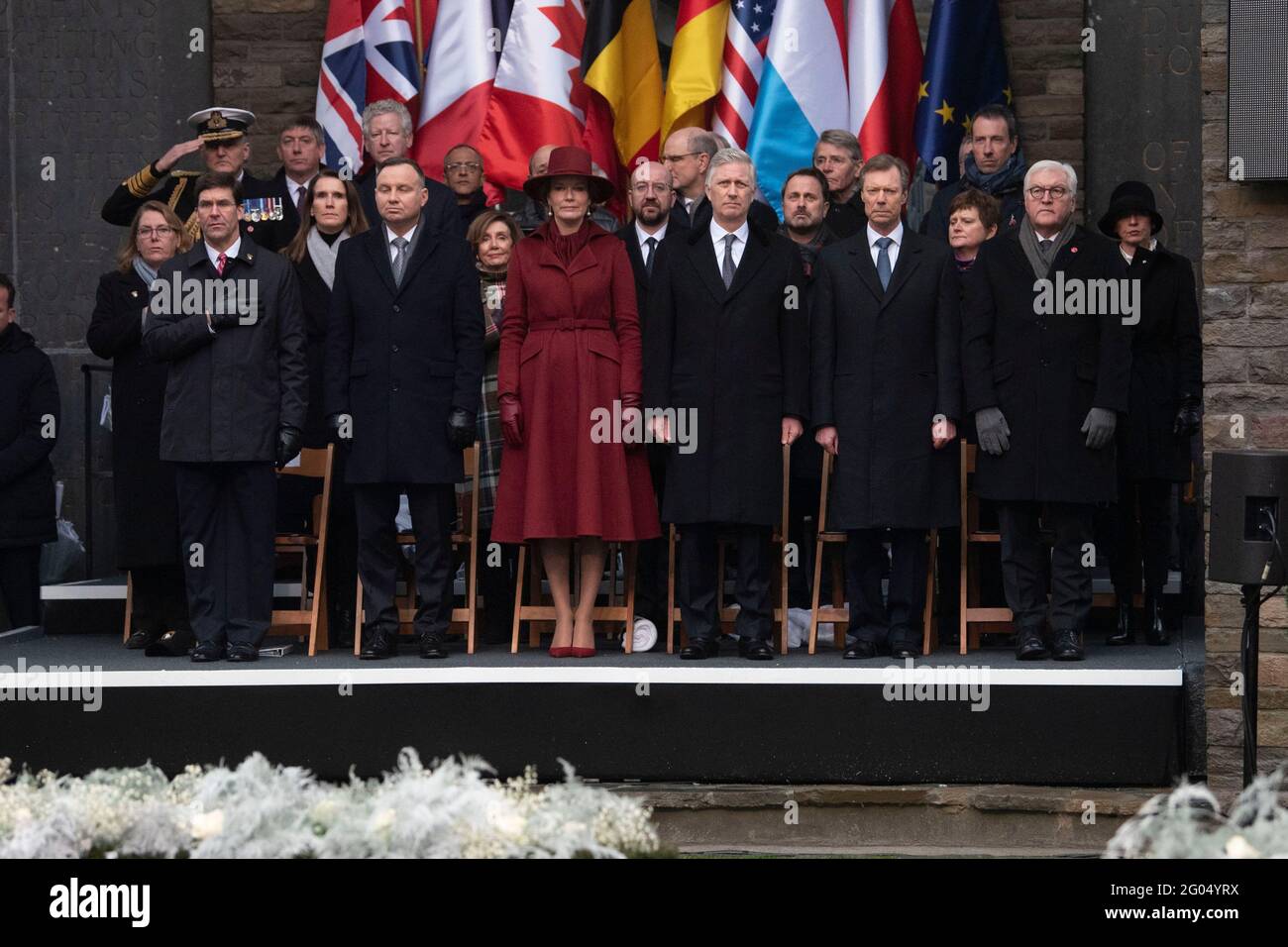 Reportage:  Defense Secretary Mark T. Esper leads the U.S. presidential delegation at the ceremony for the 75th anniversary of the Battle of the Bulge, at the Mardasson Memorial, Bastogne, Belgium, Dec. 16, 2019. Stock Photo