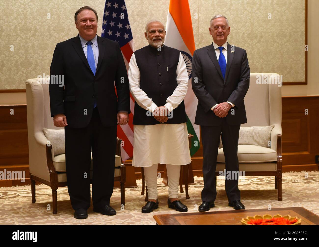 Reportage:  (from left) U.S. Secretary of State Michael Pompeo, Indian Prime Minister Narendra Modi and U.S. Secretary of Defense James N. Mattis meet at Modiâ€™s residence, New Delhi, India, Sept. 6, 2018. Mattis, along with U.S. Secretary of State Michael Pompeo, Chairman of the Joint Chiefs of Staff  Gen. Joseph F. Dunford and other top U.S. officials met with Modi following the first ever U.S.-India 2+2 ministerial dialogue, where Mattis and Pompeo met with their Indian counterparts. Stock Photo