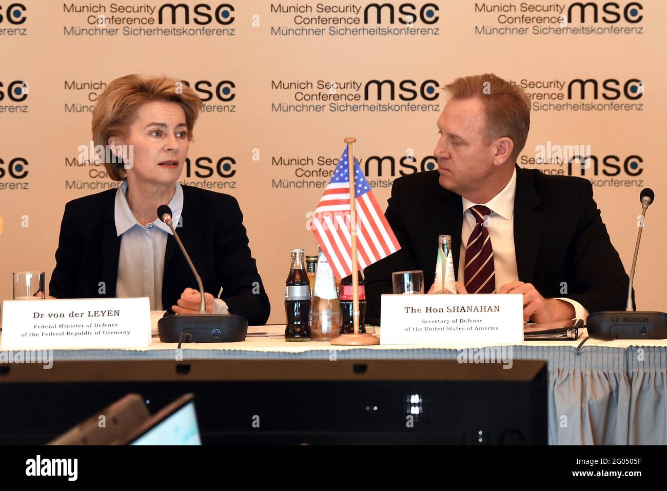 Reportage:   German Minister of Defense Ursula von der Leyen and U.S. Acting Secretary of Defense Patrick M. Shanahan attend a defeat-ISIS ministerial, Munich, Germany, Feb. 15, 2019. Stock Photo