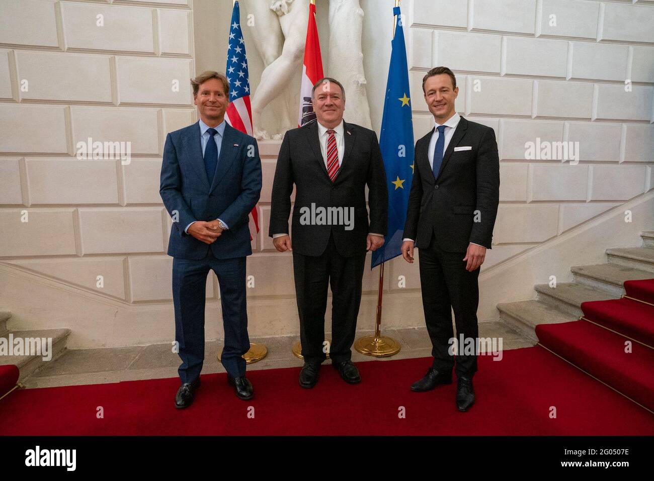 Secretary of State Michael R. Pompeo arrives for a business roundtable with Austrian Finance Minister Gernot Bluemel, United States Ambassador to the Republic of Austria Trevor D. Traina, and Austrian companies, in Vienna, Austria, on August 14, 2020 Stock Photo