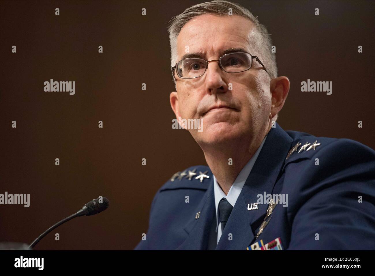 Reportage:   The commander of U.S. Strategic Command, Air Force Gen. John E. Hyten, appears at a Senate Armed Services Committee hearing on his nomination to be vice chairman of the Joint Chiefs of Staff, Washington, D.C., July 30, 2019. Stock Photo
