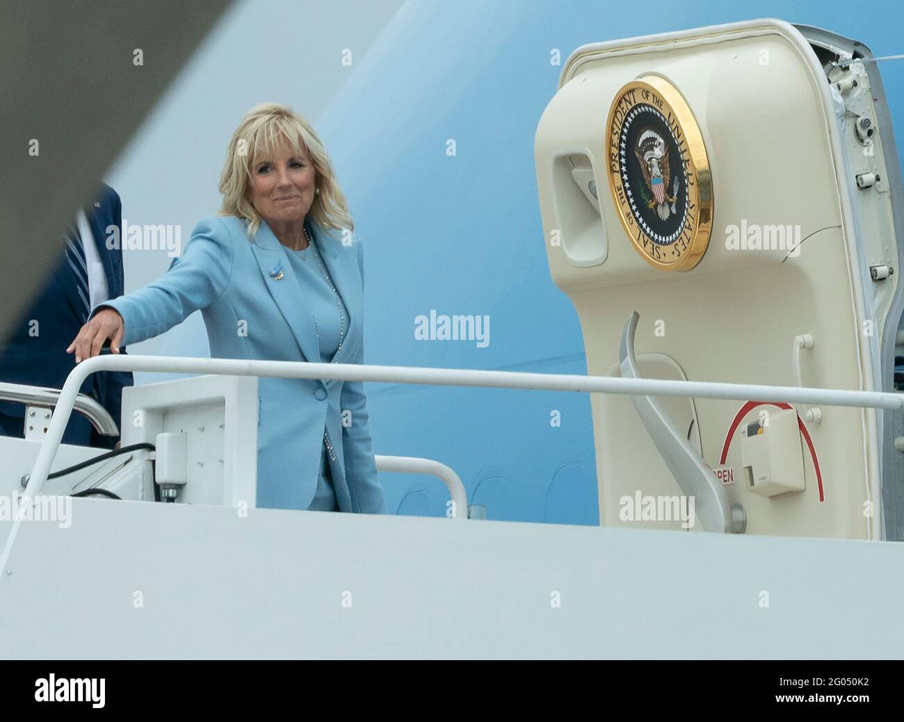 First lady Dr. Jill Biden boards Air Force One at Joint Base Andrews, to make remarks at Joint Base Langley-Eustis in Virginia, Friday, May 28, 2021. Credit: Chris Kleponis/Pool via CNP/AdMedia/Newscom/Alamy Live News Stock Photo
