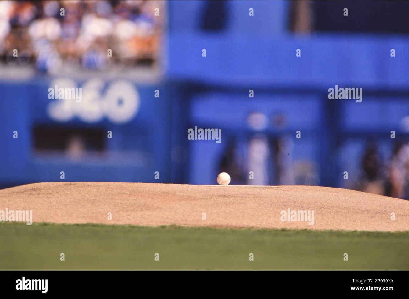 Pitchers' Mound and baseball at Dodger Stadium in August 1996 -- Please credit photographer Kirk Schlea Stock Photo