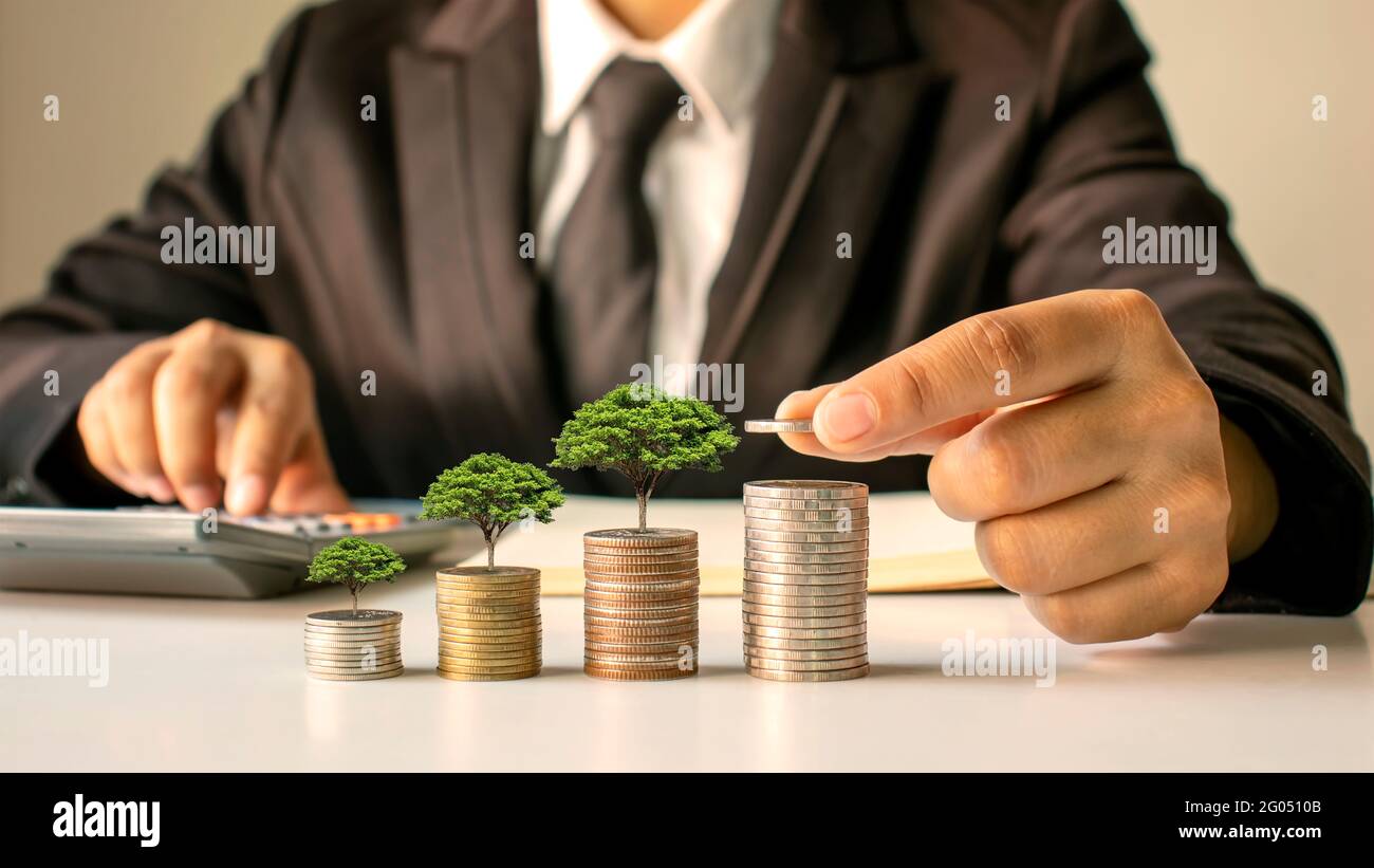 A businessman holding a coin with a tree that grows and a tree that grows on a pile of money. The idea of maximizing the profit from the business inve Stock Photo
