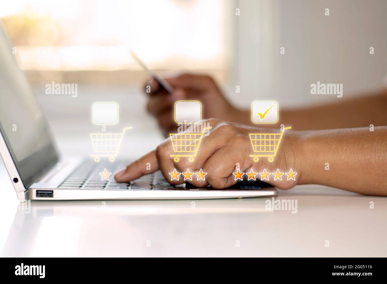 Business women press laptop keyboards to place orders online, appraise ideas, make decisions and online shopping. Stock Photo