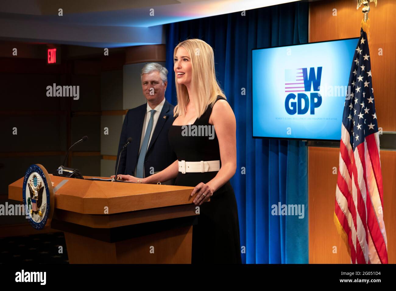Advisor to the President Ivanka Trump, with National Security Advisor Robert O’Brien and Deputy Secretary of State Stephen Biegun, delivers remarks at the Women's Global Development and Prosperity initiative virtual event on August 11, 2020 Stock Photo