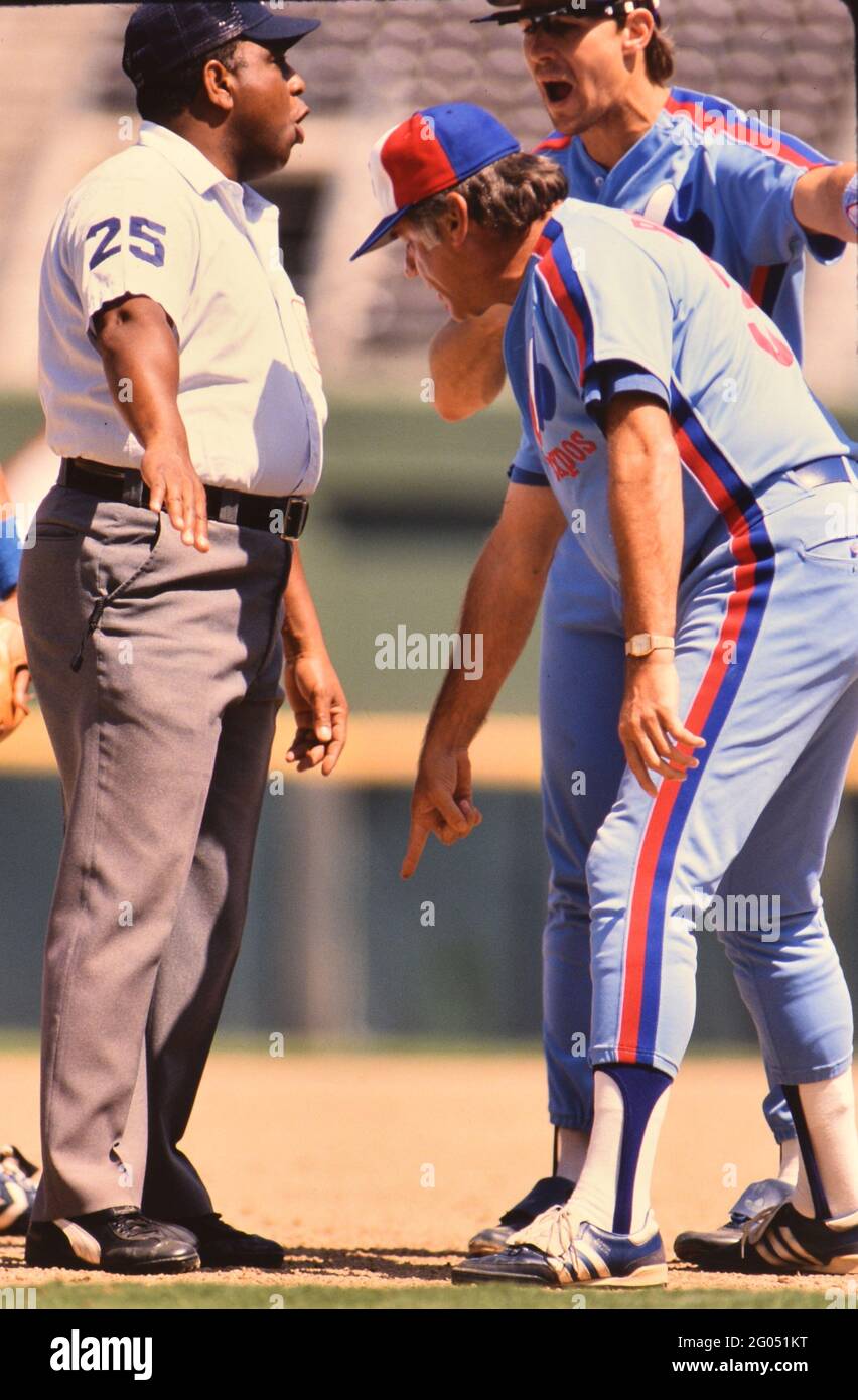 Montreal Expos manager Buck Rodgers and third baseman Tim Wallach argue a call with umpire Carlie Williams -- Please credit photographer Kirk Schlea Stock Photo