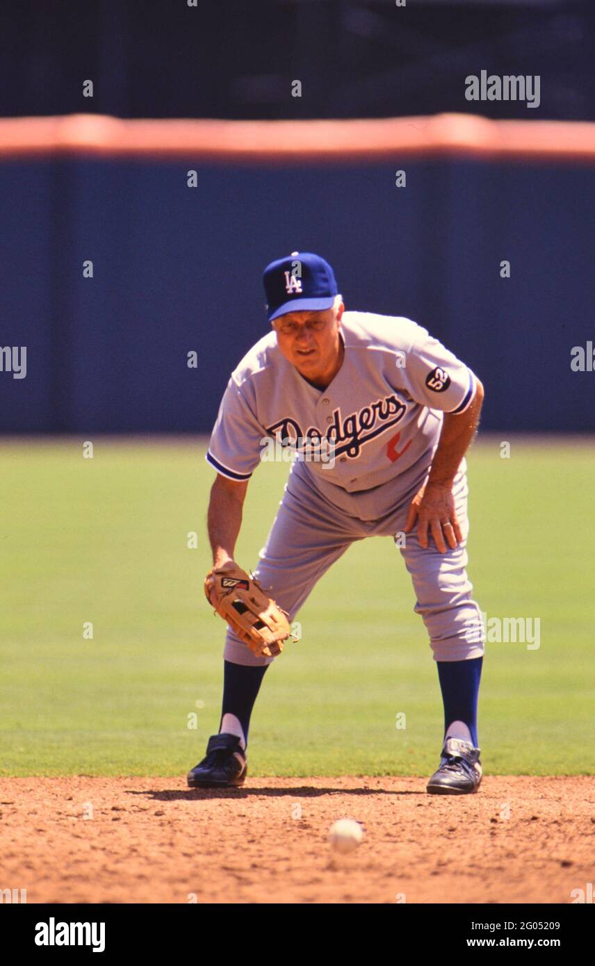 Los Angeles Dodgers in the infield with wearing a baseball glove -- Please credit photographer Kirk Schlea Stock Photo