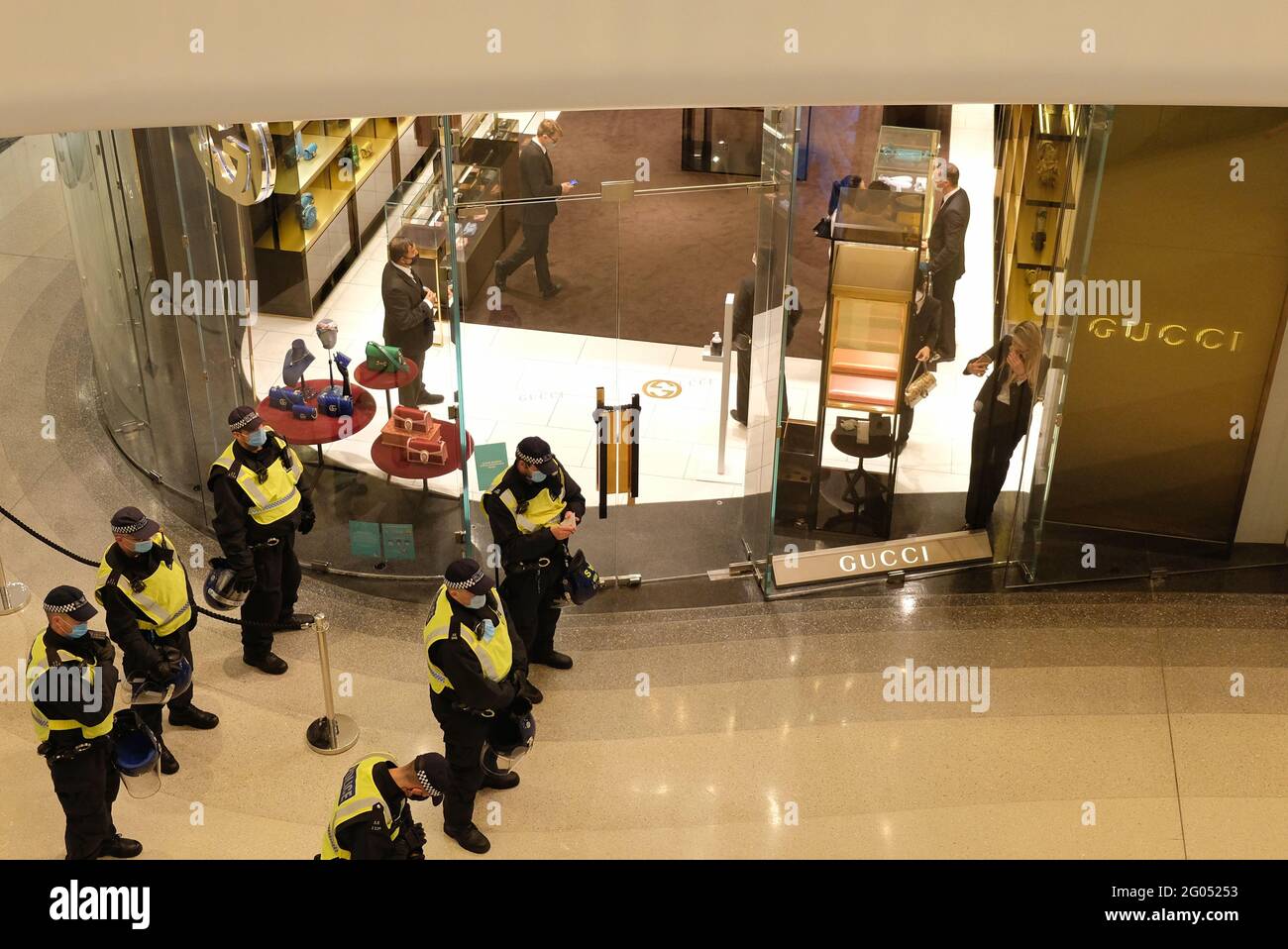 London, UK. 29/05/21. A Westfield store closes its doors after anti-vaccine passport protesters stormed the shopping centre in Shepherd's Bush. Stock Photo