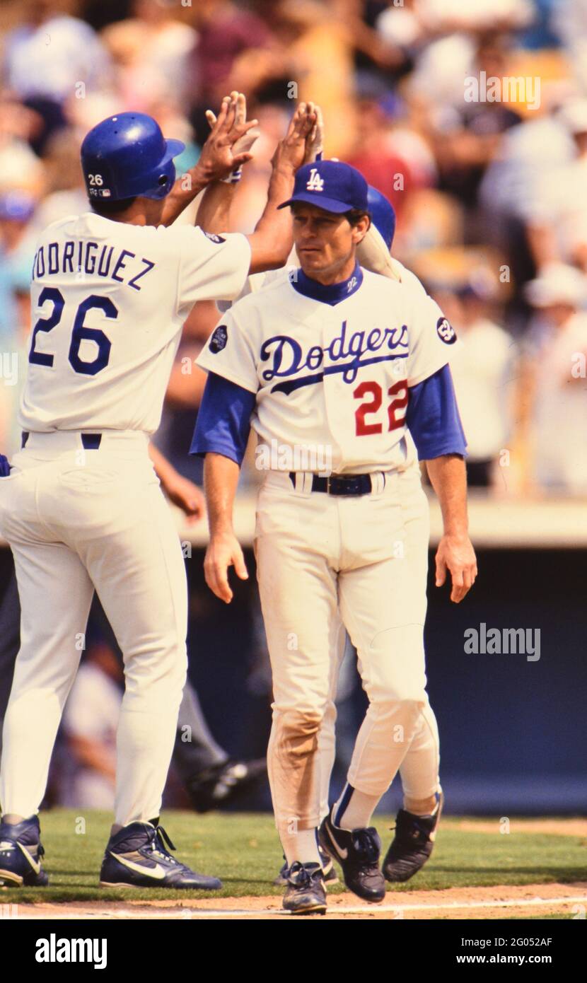 Los Angeles baseball player Brett Butler watches as teammates give high fives at home plate  -- Please credit photographer Kirk Schlea Stock Photo