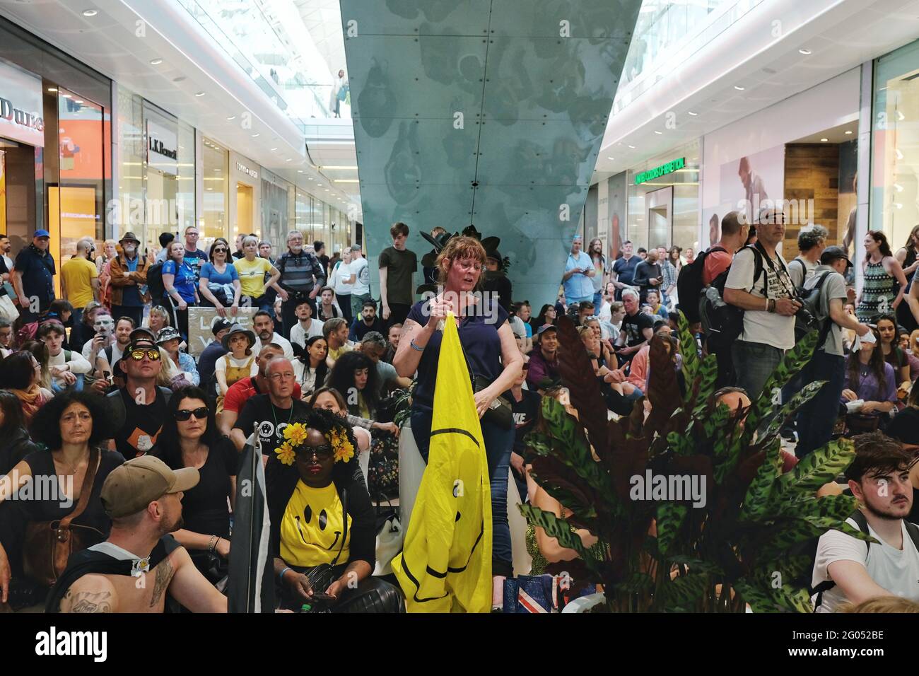 London, UK. 29/05/21. Protesters staging a 'Unite for Freedom' demonstration entered Westfield Shopping Centre until they were ejected by police. Stock Photo