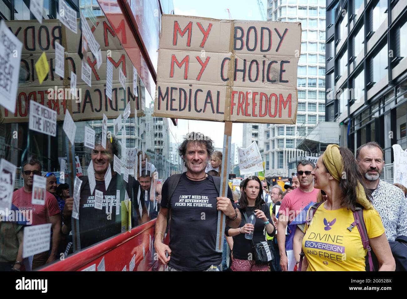 London, UK. A protest against Covid government restrictions takes place in central London where demonstrators demanded medical freedom of choice. Stock Photo